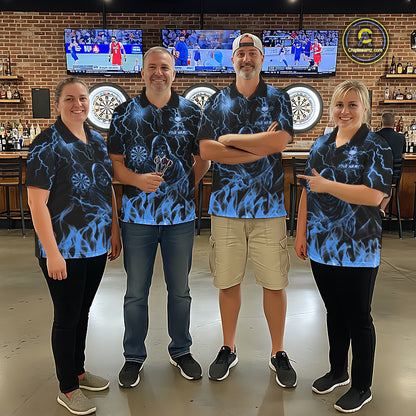 Dart Team Wearing Turquoise Grim Reaper Fire Flame Darts Jerseys During League Competition and Tournament Events, Front View