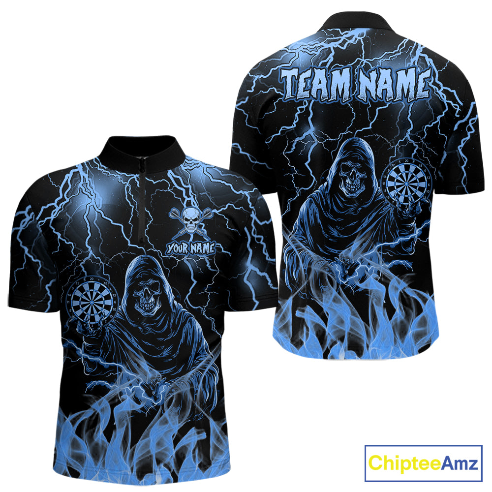 Turquoise Grim Reaper Fire Flame Quarter Zip Darts Shirt Created for Dart League Teams with Premium Performance Fabric and Tournament Ready Jersey Design