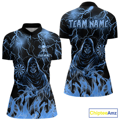 Blue Grim Reaper Fire Flame Quarter Zip Darts Shirt Created for Dart League Teams with Performance Fabric and Custom Tournament Jersey Style
