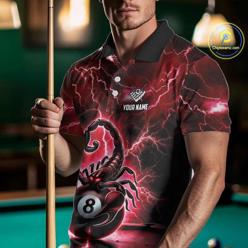 Red Lightning Thunder Scorpion 8 Ball Pool Polo & Quarter Zip For Men Custom Billiard Team Jersey TDM4863