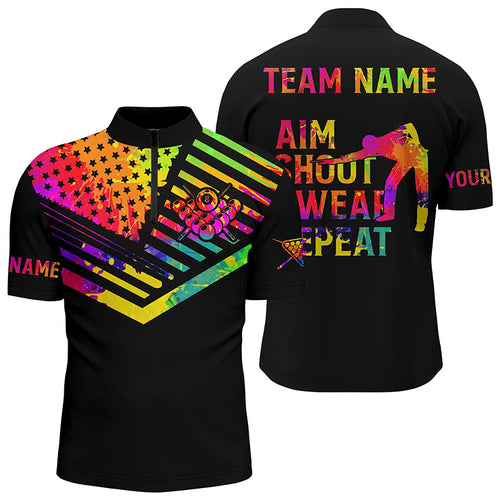 Billiard Aim Shoot Swear Repeat Custom 3D Black Multicolor Quarter-Zip Shirts For Men TDM0626