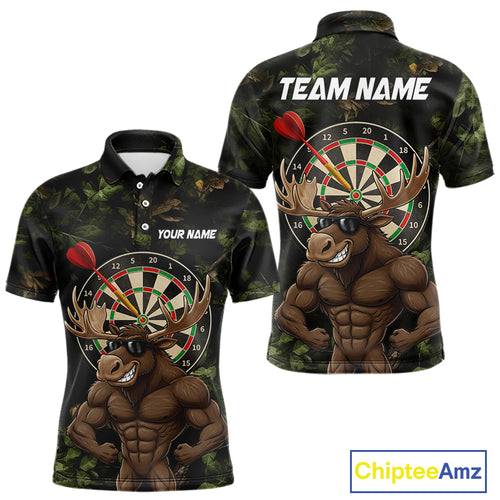 Personalized Green Camo Funny Moose Darts Shirts For Men Custom Darts Jersey Team Polo & 1/4 Zip TDM5301