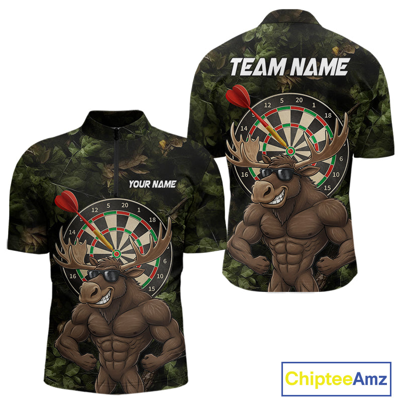 Personalized Green Camo Funny Moose Darts Shirts For Men Custom Darts Jersey Team Polo & 1/4 Zip TDM5301