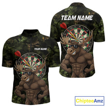 Load image into Gallery viewer, Personalized Green Camo Funny Moose Darts Shirts For Men Custom Darts Jersey Team Polo &amp; 1/4 Zip TDM5301