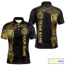 Load image into Gallery viewer, Personalized Gold Black Tribal Darts Shirt For Men Custom Darts Jersey Team Polo &amp; Quarter Zip TDM5557
