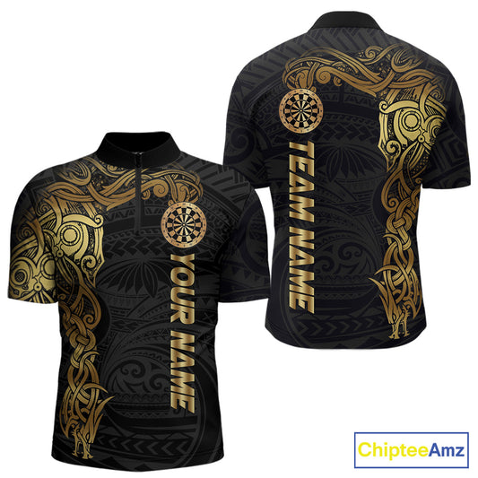 Personalized Gold Black Tribal Darts Shirt For Men Custom Darts Jersey Team Polo & Quarter Zip TDM5557
