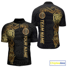 Load image into Gallery viewer, Personalized Gold Black Tribal Darts Shirt For Men Custom Darts Jersey Team Polo &amp; Quarter Zip TDM5557