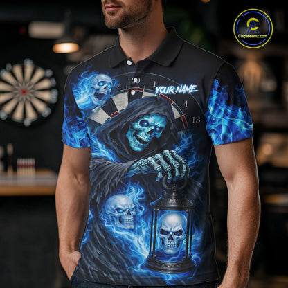 Blue Grim Reaper Flame Darts Shirt For Men Custom Skull Darts League Jersey Team Polo & Quarter Zip TDM5560