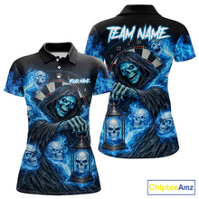Load image into Gallery viewer, Blue Grim Reaper Flame Darts Shirt For Women Custom Skull Darts League Jersey Team Polo &amp; Quarter Zip TDM5560