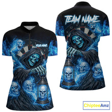 Load image into Gallery viewer, Blue Grim Reaper Flame Darts Shirt For Women Custom Skull Darts League Jersey Team Polo &amp; Quarter Zip TDM5560