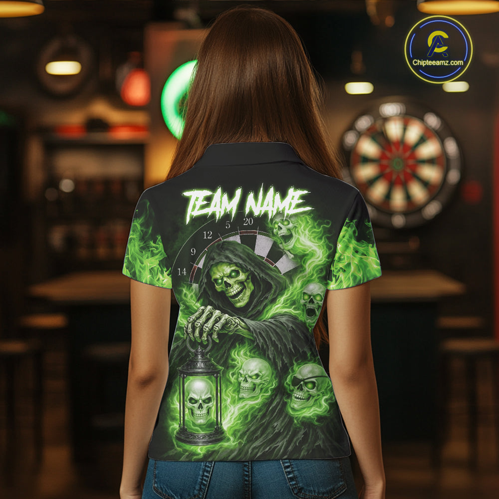 Green Grim Reaper Flame Darts Shirt For Women Custom Skull Darts League Jersey Team Polo & 1/4 Zip TDM5561
