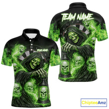 Load image into Gallery viewer, Green Grim Reaper Flame Darts Shirt For Men Custom Skull Darts League Jersey Team Polo &amp; 1/4 Zip TDM5561
