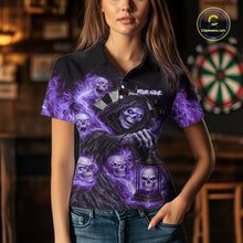 Load image into Gallery viewer, Purple Grim Reaper Flame Darts Shirt For Women Custom Skull Darts League Jersey Team Polo &amp; 1/4 Zip TDM5562