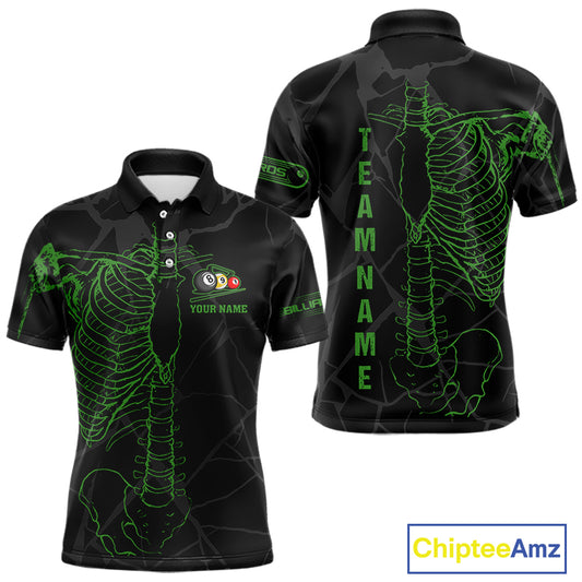 Black And Green Funny Skeleton Billiard Polo & 1/4 Zip For Men Custom Billiard Pool Team Jersey TDM5797