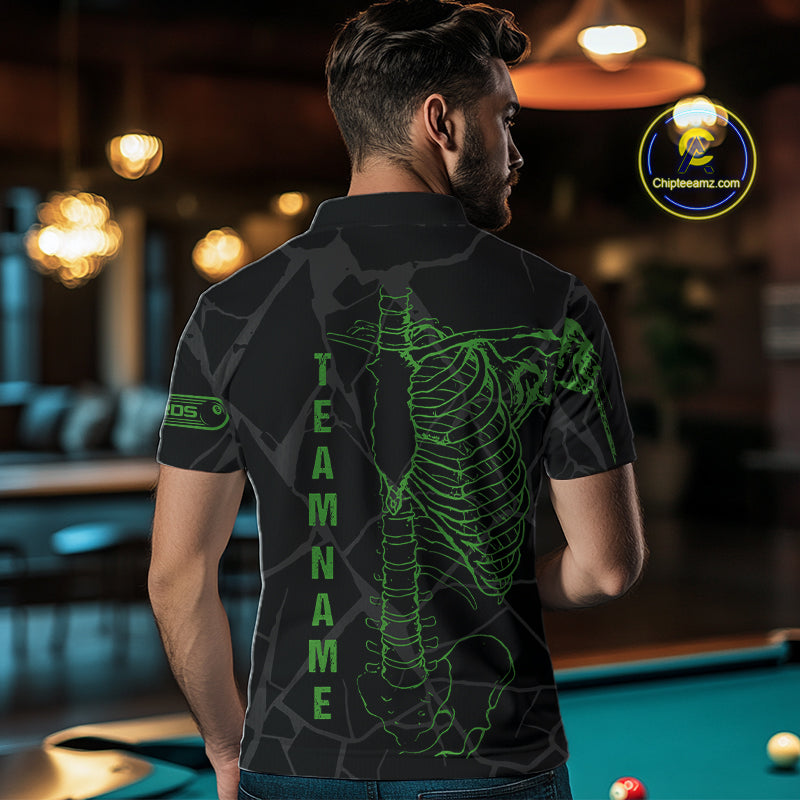 Black And Green Funny Skeleton Billiard Polo & 1/4 Zip For Men Custom Billiard Pool Team Jersey TDM5797