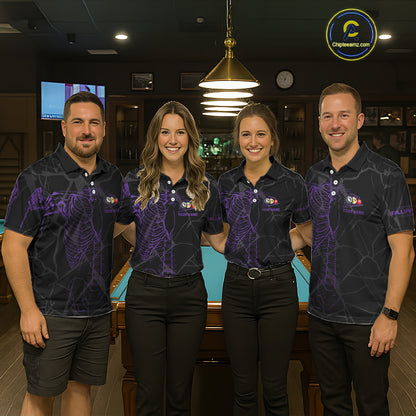 Black And Purple Funny Skeleton Billiard Polo & 1/4 Zip For Men Custom Billiard Pool Team Jersey TDM5798
