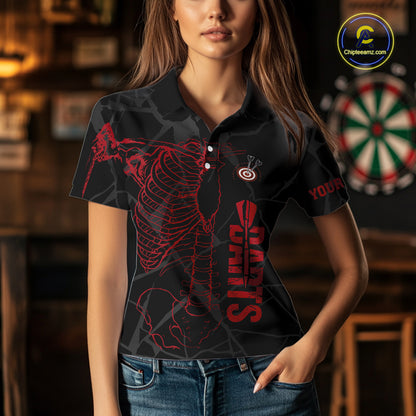 Black And Red Funny Skeleton Darts Polo & 1/4 Zip Custom Darts Shirt For Women Darts Team Jersey TDM5800