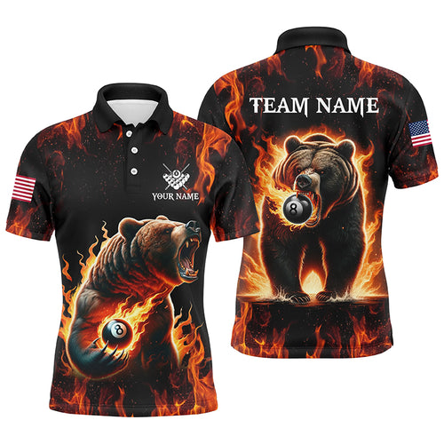 Personalized Funny Bear And 8 Ball Pool Fire Flame Men Billiard Polo Shirts, Unique Billiard Attire TDM1315