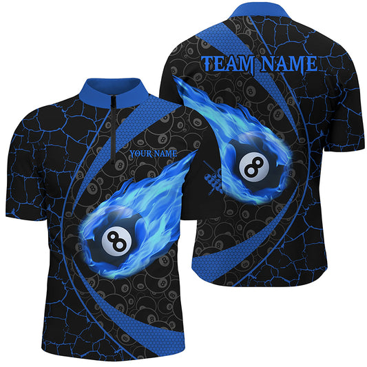 Personalized Black Blue Billiard Fire Flame Men Quarter-Zip Shirt, 8 Ball Pool Team Shirts TDM1317