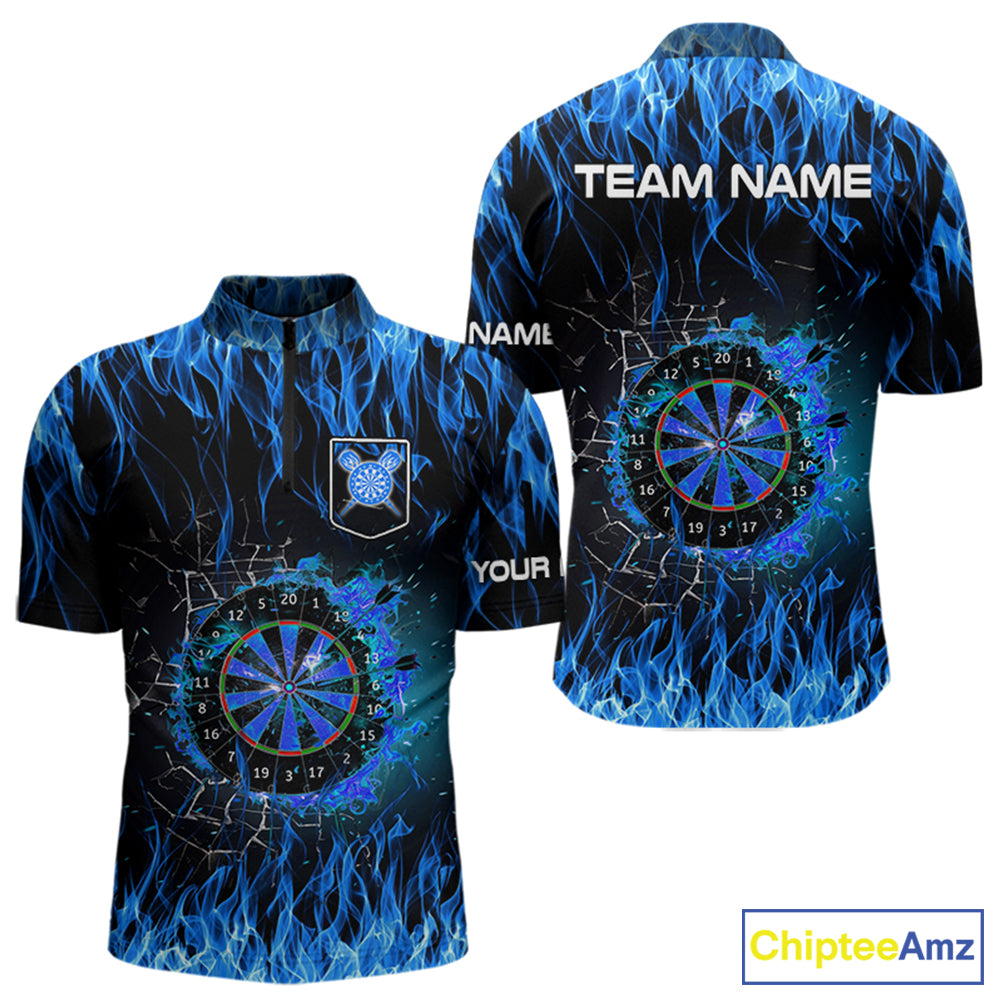 Blue Flaming Dart Shirt With Pocket Option For Men Custom Dart Team Jersey TDM3791