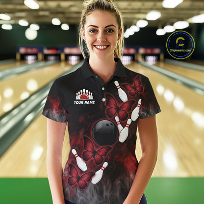 Black And Red Custom Butterfly Bowling Shirt For Women, Bowling Team Jersey Polo & Quarter Zip Shirt TDM6179
