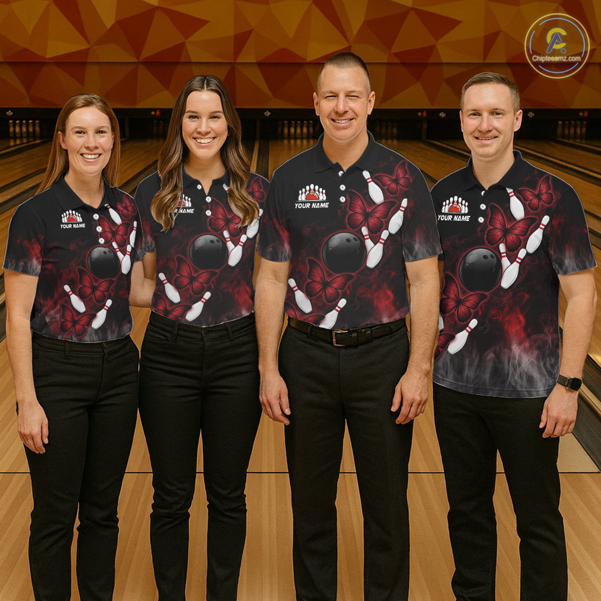 Black And Red Custom Butterfly Bowling Shirt For Women, Bowling Team Jersey Polo & Quarter Zip Shirt TDM6179