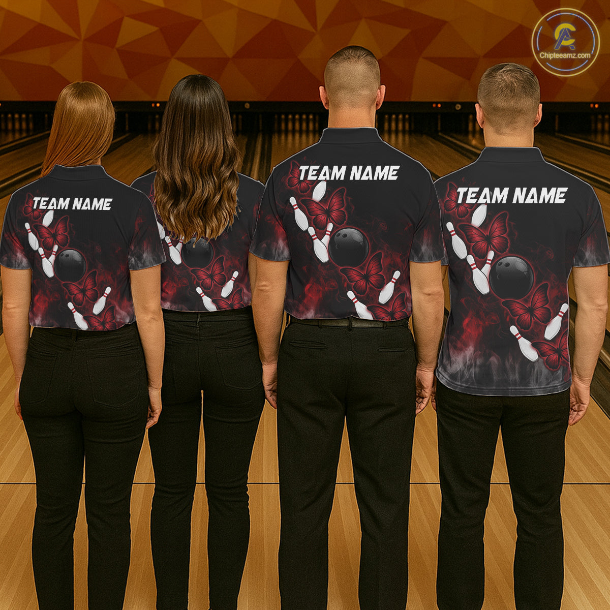 Black And Red Custom Butterfly Bowling Shirt For Women, Bowling Team Jersey Polo & Quarter Zip Shirt TDM6179