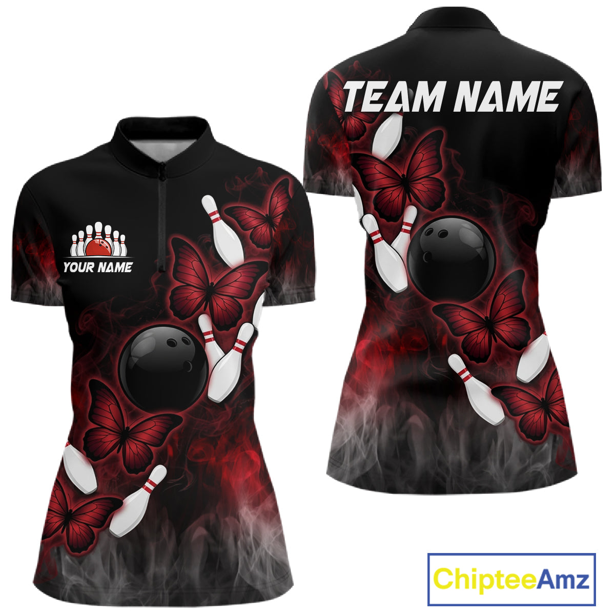 Black And Red Custom Butterfly Bowling Shirt For Women, Bowling Team Jersey Polo & Quarter Zip Shirt TDM6179