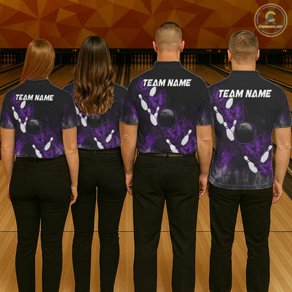 Black And Purple Custom Butterfly Bowling Shirt For Men, Bowling Team Jersey Polo & 1/4 Zip Shirt TDM6180