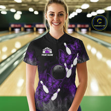 Load image into Gallery viewer, Black And Purple Custom Butterfly Bowling Shirt For Women, Bowling Team Jersey Polo &amp; 1/4 Zip Shirt TDM6180