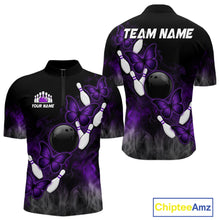 Load image into Gallery viewer, Black And Purple Custom Butterfly Bowling Shirt For Men, Bowling Team Jersey Polo &amp; 1/4 Zip Shirt TDM6180