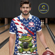 Load image into Gallery viewer, Man wearing a patriotic themed polo shirt with a graphic design in a bowling alley.