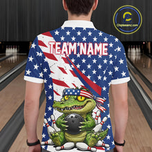 Load image into Gallery viewer, Person wearing a bowling shirt with American flag design and cartoon character on a bowling alley.