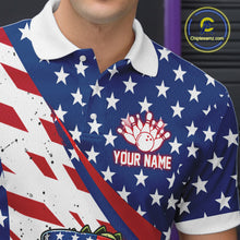 Load image into Gallery viewer, Polo shirt with American flag design and bowling ball logo, personalized with 'Your Name'.