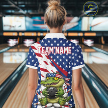 Load image into Gallery viewer, Person wearing a bowling-themed shirt with an American flag design and 'Team Name' text.