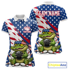 Load image into Gallery viewer, A polo shirts with a alligator holding a bowling ball design, one with an American flag pattern and customized name text
