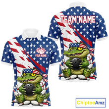Load image into Gallery viewer, Polo shirt with American flag design and cartoon alligator holding a bowling ball, customizable with 'Your Name' and 'Team Name'.