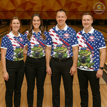 Load image into Gallery viewer, Four people wearing matching American-themed shirts with a logo on a bowling alley background