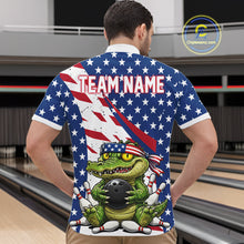 Load image into Gallery viewer, Person wearing a bowling-themed shirt with an American flag design and 'Team Name' text.