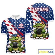 Load image into Gallery viewer, American flag-themed shirt with a cartoon alligator holding a bowling ball, customizable text