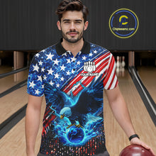 Load image into Gallery viewer, Man wearing an American flag polo shirt with an eagle design in a bowling alley, holding a bowling ball.