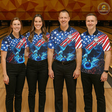 Load image into Gallery viewer, Four people wearing matching American flag-themed bowling shirts on a bowling alley.