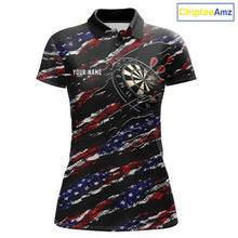 Load image into Gallery viewer, Black American flag custom darts polo shirt for women, patriotic darts team jersey for league tournaments.