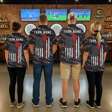Load image into Gallery viewer, Back view of darts team wearing matching black American flag darts shirts.