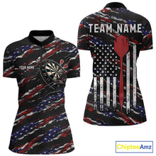 Load image into Gallery viewer, Black American flag quarter zip darts shirt for women, custom darts team jersey and tournament apparel.