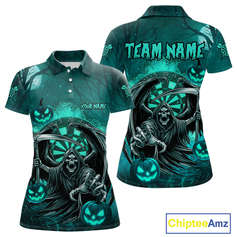 Turquoise Grim Reaper Halloween Darts Shirt For Women Custom Darts Jersey Team Polo & Quarter Zip TDM4666