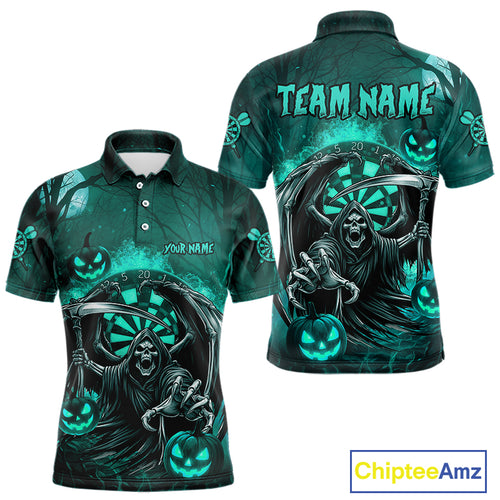 Turquoise Grim Reaper Halloween Darts Shirt For Men Custom Darts Jersey Team Polo & Quarter Zip TDM4666