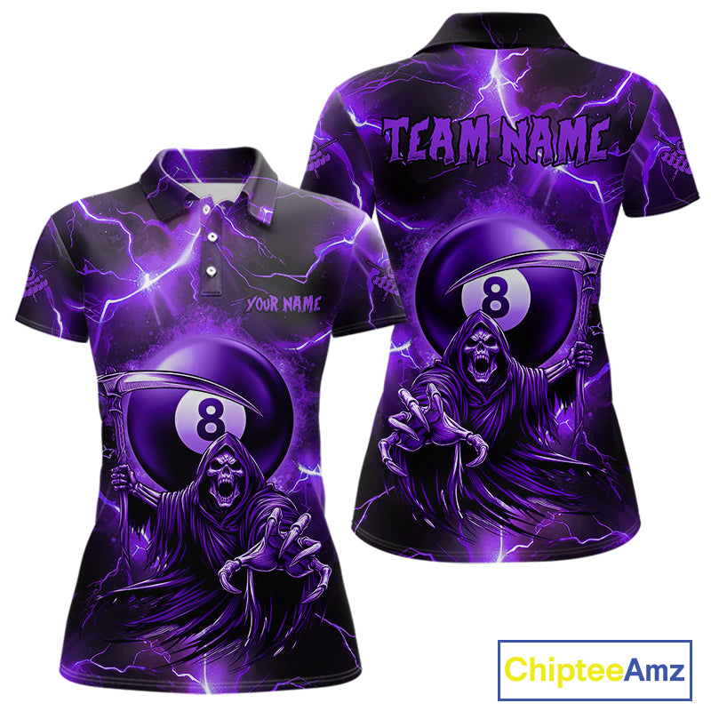 Purple Grim Reaper 8 Ball Women's Billiard Shirt Custom Thunder Lightning Halloween Pool Team Jersey TDM4874