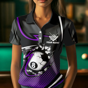 Funny 8 Ball Pool Purple Billiard Jersey For Women Custom Polo & Quarter Zip Billiard Team Shirts TDM3488