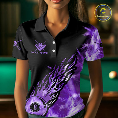 Black And Purple Flaming Icy 8 Ball Pool Billiard Shirt For Women Custom Billiard Team Jersey TDM5809